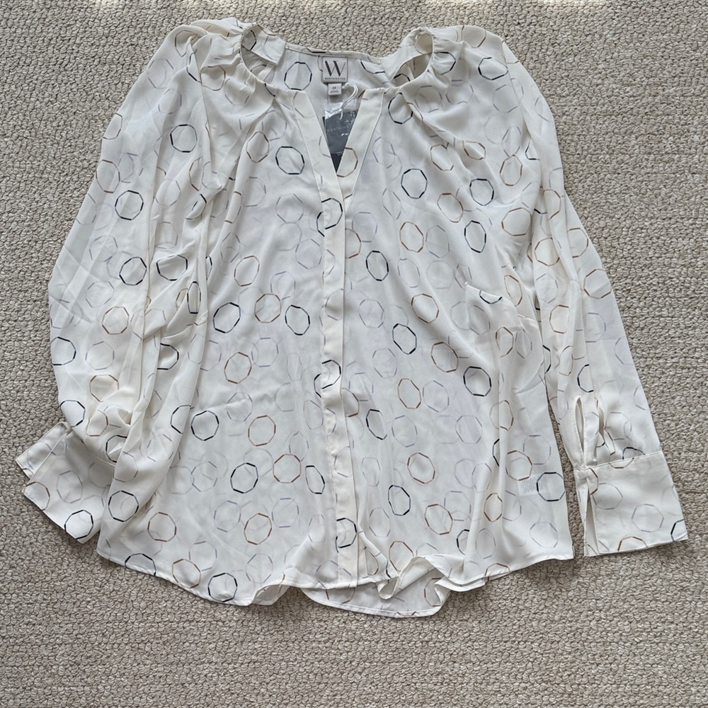 Worthington Cream Button Down Blouse with Geometric Pattern